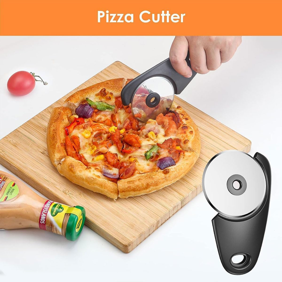 6-In-1 Stackable Kitchen Gadget Set - 5.07" Melon Baller, 2.7" Garlic Cutter, Can Opener, Cheese Grater, Pizza Cutter with Spice Grinder - Stainless Steel