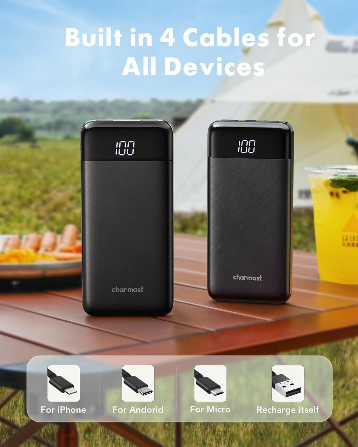 10000Mah Power Bank Built in 4 Cables, Slim USB C Portable Charger