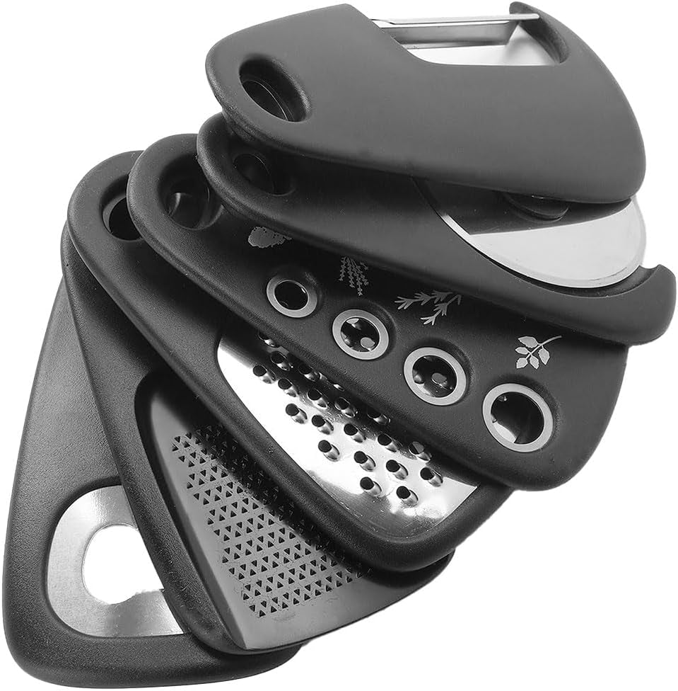 6-In-1 Stackable Kitchen Gadget Set - 5.07" Melon Baller, 2.7" Garlic Cutter, Can Opener, Cheese Grater, Pizza Cutter with Spice Grinder - Stainless Steel