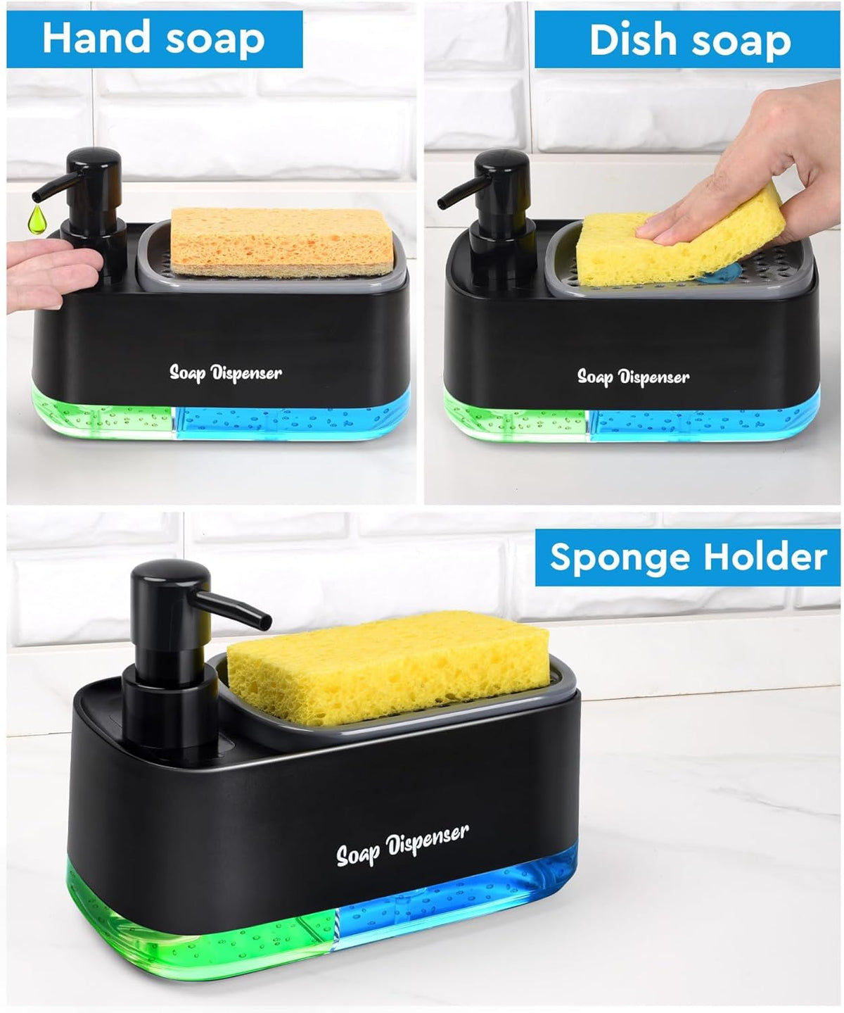 5-In-1 Kitchen Soap Dispenser Set with Sponge Holder - Dual Hand & Dish Soap Pump Dispenser for Sink Countertop with 2-Packs Natural Loofah Dish Sponge Dishwashing Scrubber,Black