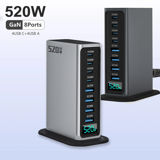 520W Desktop Gan Charger 4C4A 8 Ports 100W PD USB Type C Usb Power Hub Mobile Phone Laptop Fast Charging Station