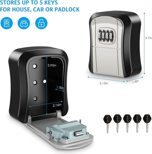 Key Lock Box Wall Mounted, 4-Digit Combination Lockbox for Outside, Waterproof Portable Key Storage Lockbox for House Key with Resettable Code, Security Lock Box for Indoor, Outdoor, Small Size 3.7Nch