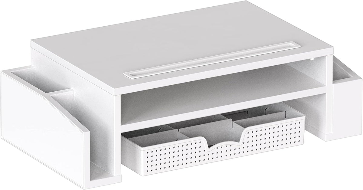 2 Tier Monitor Stand Riser with Drawer, White