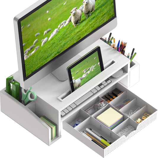 2 Tier Monitor Stand Riser with Drawer, White