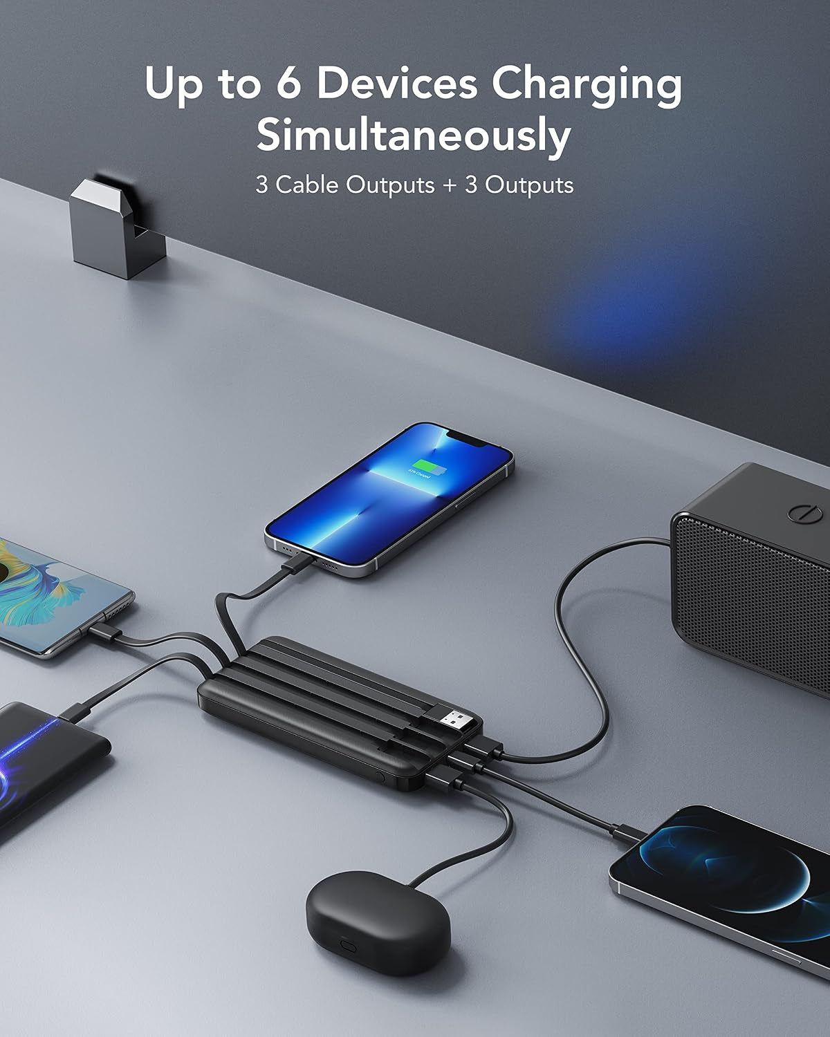 10000Mah Power Bank Built in 4 Cables, Slim USB C Portable Charger