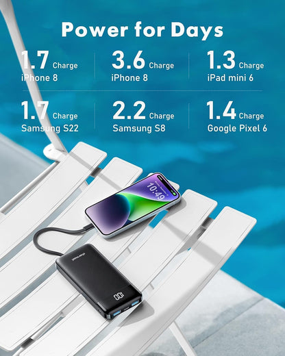 10000Mah Power Bank Built in 4 Cables, Slim USB C Portable Charger