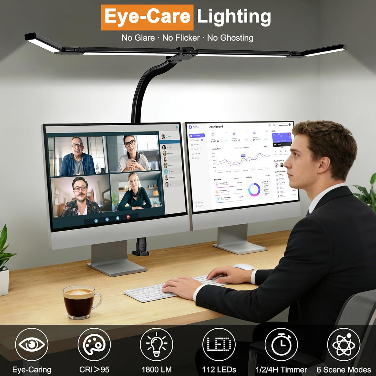 LED Desk Lamp for Home Office, 24W Desk Light with 4-Segment Bar and Remote