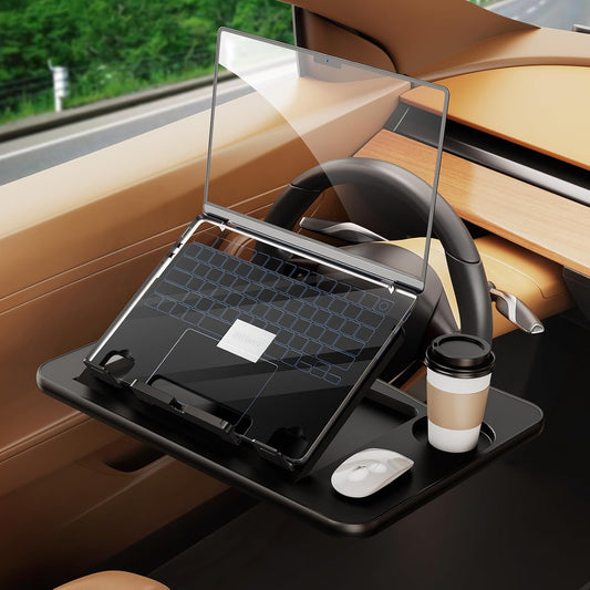 Height Adjustable 3-in-1 Car Steering Wheel Tray Table for Laptop and Food with Drink Holder - Black