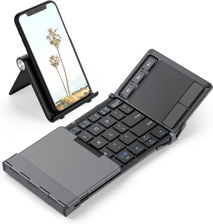 Foldable Keyboard, BK08 Bluetooth Keyboard with Touchpad, Multi-Device Connection, Pocket-Sized Compact Tri-Folding Portable Keyboard for Ipad, Iphone, Smartphone, Laptop, and Tablet