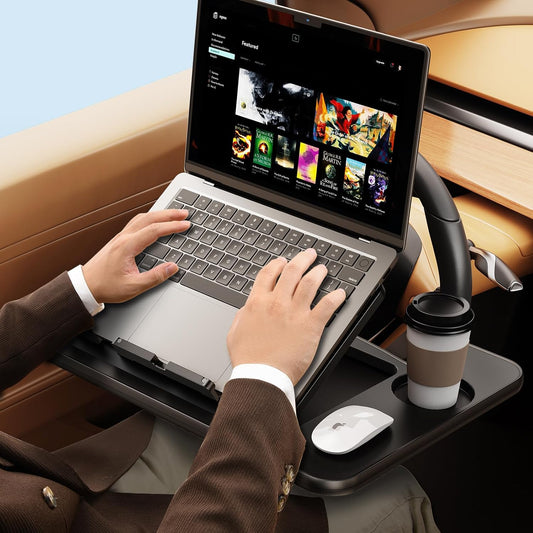 Height Adjustable 3-in-1 Car Steering Wheel Tray Table for Laptop and Food with Drink Holder - Black