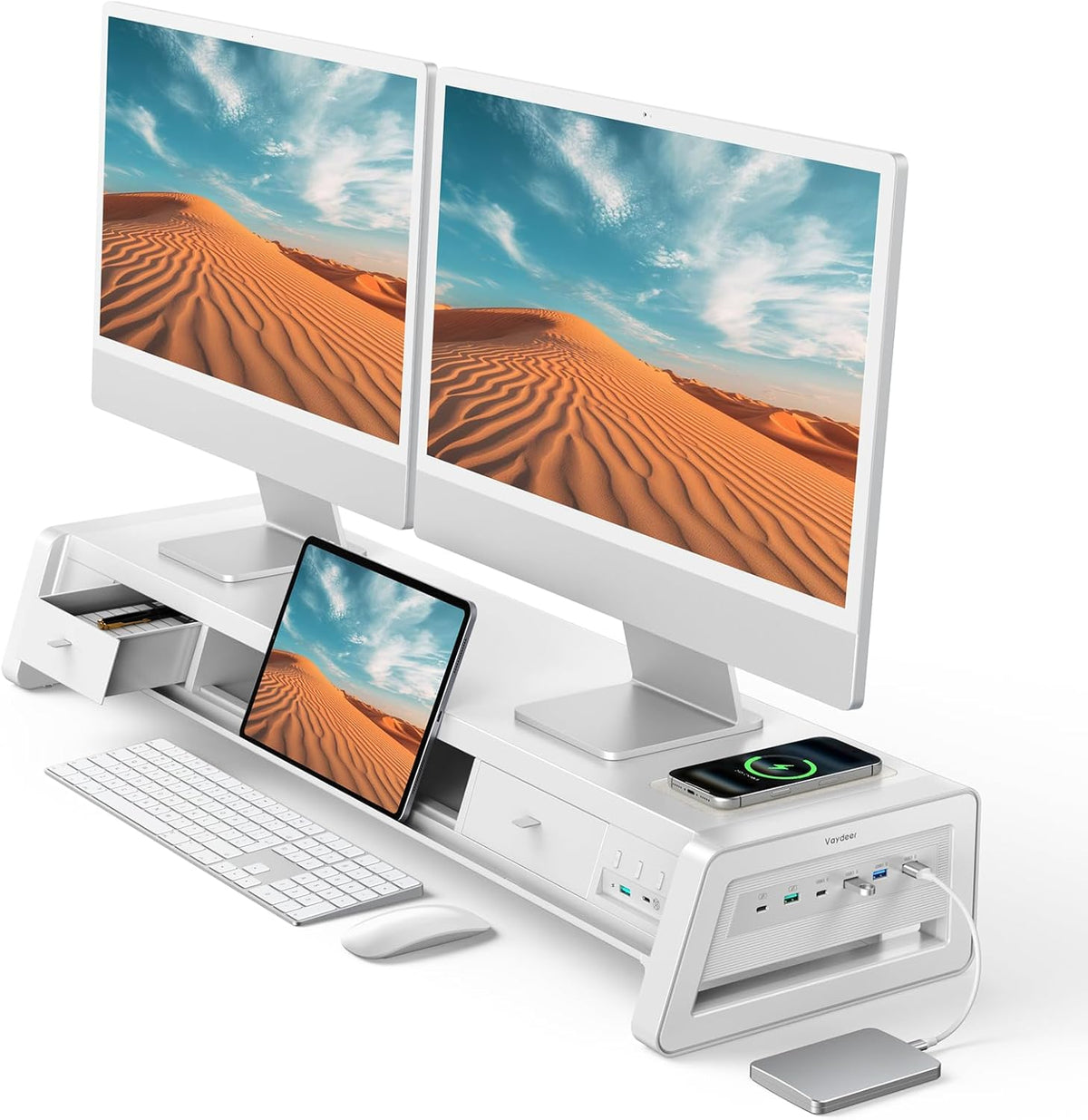 All-In-One Dual Monitor Stand Riser with 2 Drawers, 8USB Ports and Wireless Charging Pad with LED Light Strip for 2 Monitors , Desk Organizer for PC, Imac (Metal, 39.3 Inches)-White
