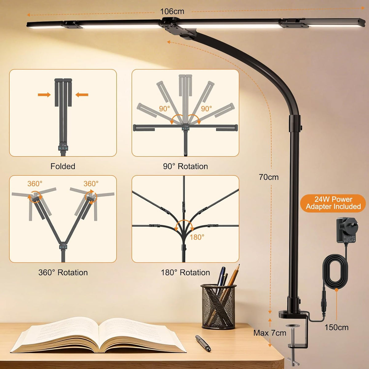 LED Desk Lamp for Home Office, 24W Desk Light with 4-Segment Bar and Remote
