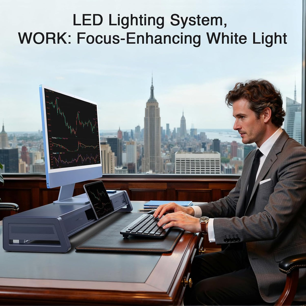 All-In-One Dual Monitor Stand Riser with 2 Drawers, 8USB Ports and Wireless Charging Pad with LED Light Strip for 2 Monitors , Desk Organizer for PC, Imac (Metal, 39.3 Inches)-White