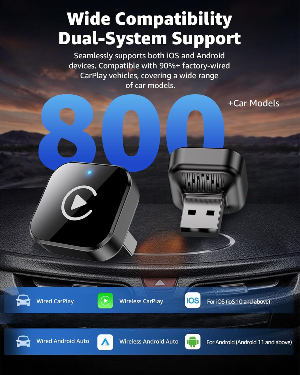 Wireless Carplay Adapter, 2026 Upgrade 2-In-1 Plug & Play USB/USB-C Dongle, Wired to Wireless Carplay Auto Reconnect, Stable Android Auto Wireless Adapter for Iphone Ios 10+ & Android, Black