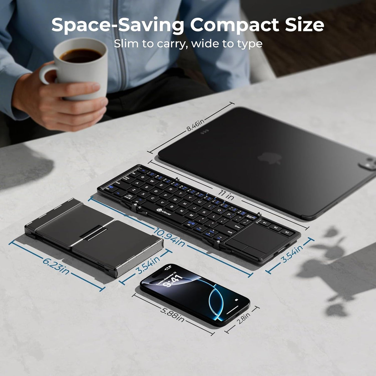 Foldable Keyboard, BK08 Bluetooth Keyboard with Touchpad, Multi-Device Connection, Pocket-Sized Compact Tri-Folding Portable Keyboard for Ipad, Iphone, Smartphone, Laptop, and Tablet