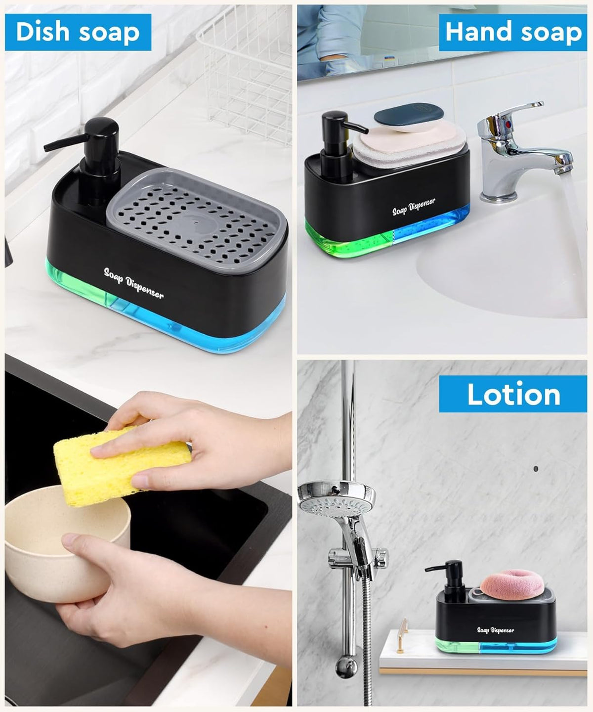 5-In-1 Kitchen Soap Dispenser Set with Sponge Holder - Dual Hand & Dish Soap Pump Dispenser for Sink Countertop with 2-Packs Natural Loofah Dish Sponge Dishwashing Scrubber,Black
