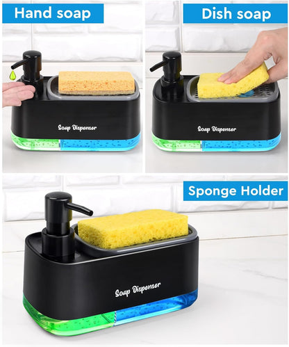 5-In-1 Kitchen Soap Dispenser Set with Sponge Holder - Dual Hand & Dish Soap Pump Dispenser for Sink Countertop with 2-Packs Natural Loofah Dish Sponge Dishwashing Scrubber,Black