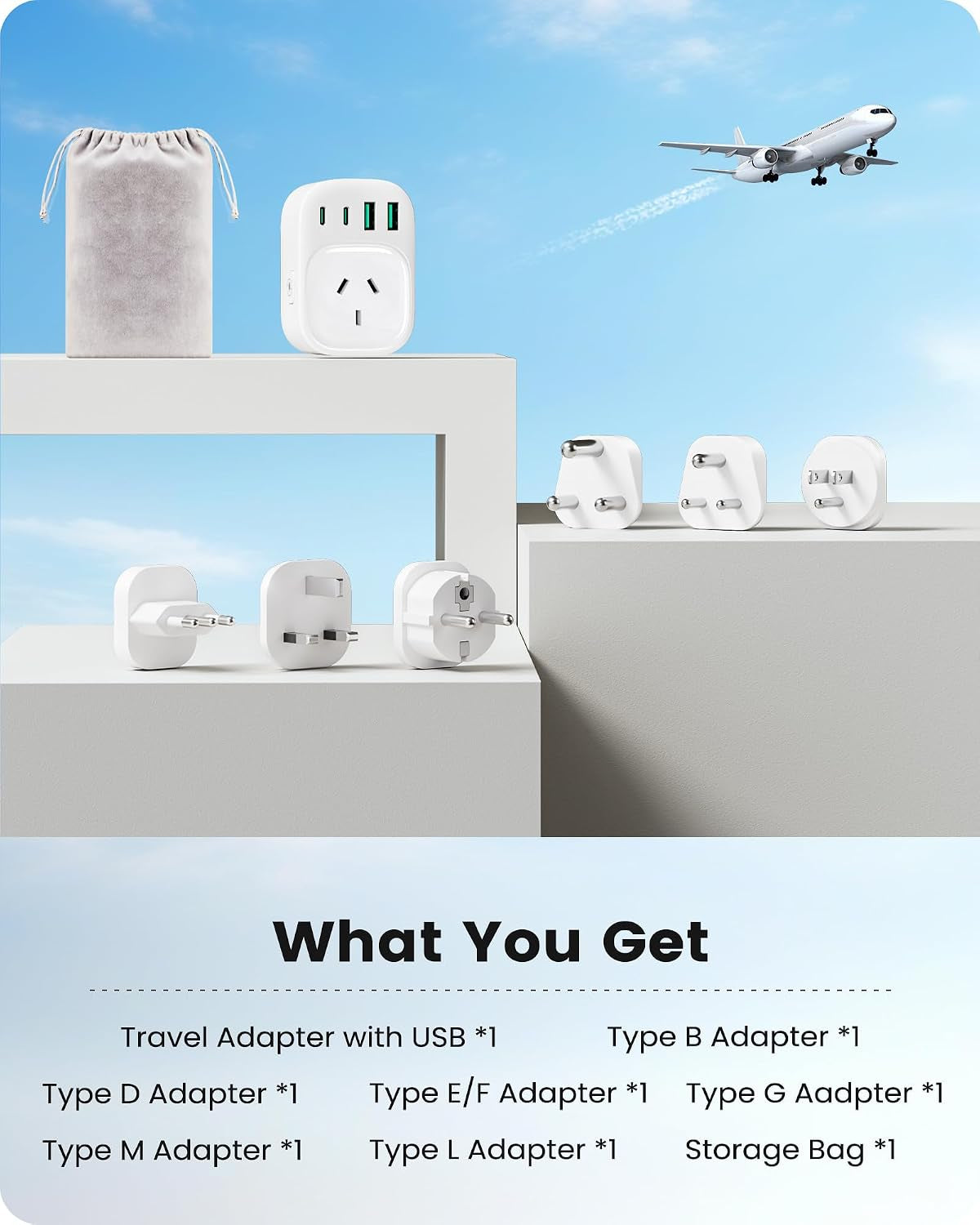 Universal Travel Adapter,Type B/E/F/D/G/L/M International Plug