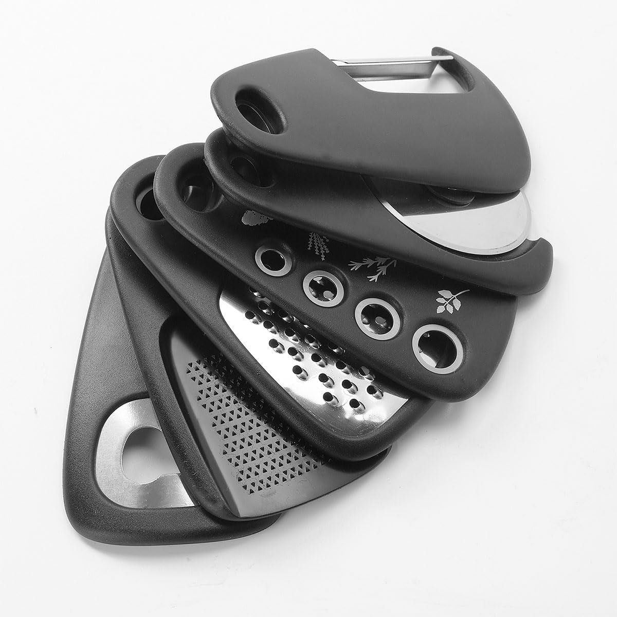 6-In-1 Stackable Kitchen Gadget Set - 5.07" Melon Baller, 2.7" Garlic Cutter, Can Opener, Cheese Grater, Pizza Cutter with Spice Grinder - Stainless Steel