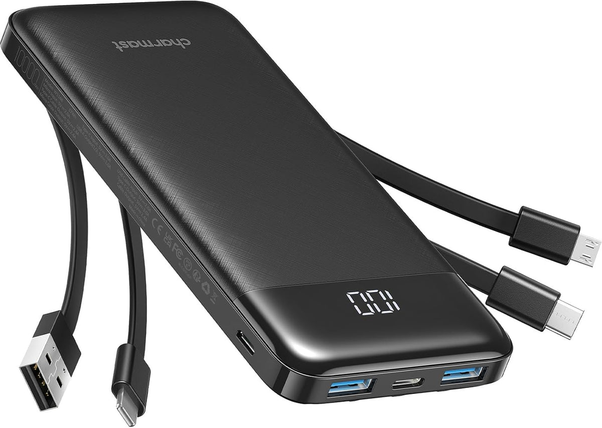 10000Mah Power Bank Built in 4 Cables, Slim USB C Portable Charger