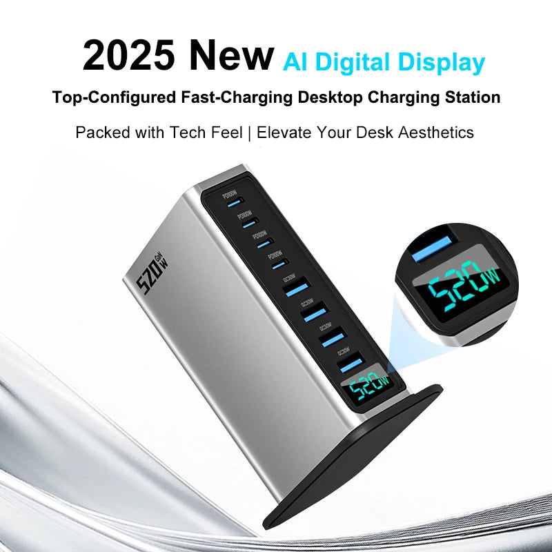 520W Desktop Gan Charger 4C4A 8 Ports 100W PD USB Type C Usb Power Hub Mobile Phone Laptop Fast Charging Station