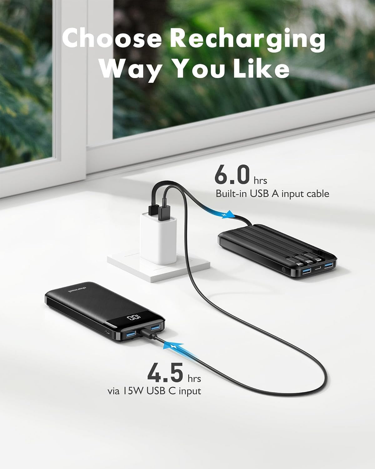 10000Mah Power Bank Built in 4 Cables, Slim USB C Portable Charger