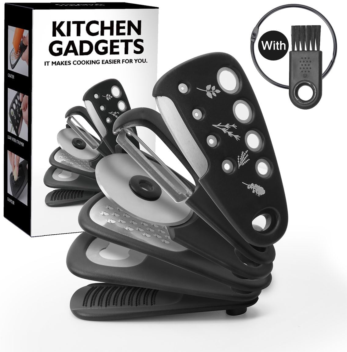 6-In-1 Stackable Kitchen Gadget Set - 5.07" Melon Baller, 2.7" Garlic Cutter, Can Opener, Cheese Grater, Pizza Cutter with Spice Grinder - Stainless Steel