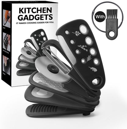 6-In-1 Stackable Kitchen Gadget Set - 5.07" Melon Baller, 2.7" Garlic Cutter, Can Opener, Cheese Grater, Pizza Cutter with Spice Grinder - Stainless Steel