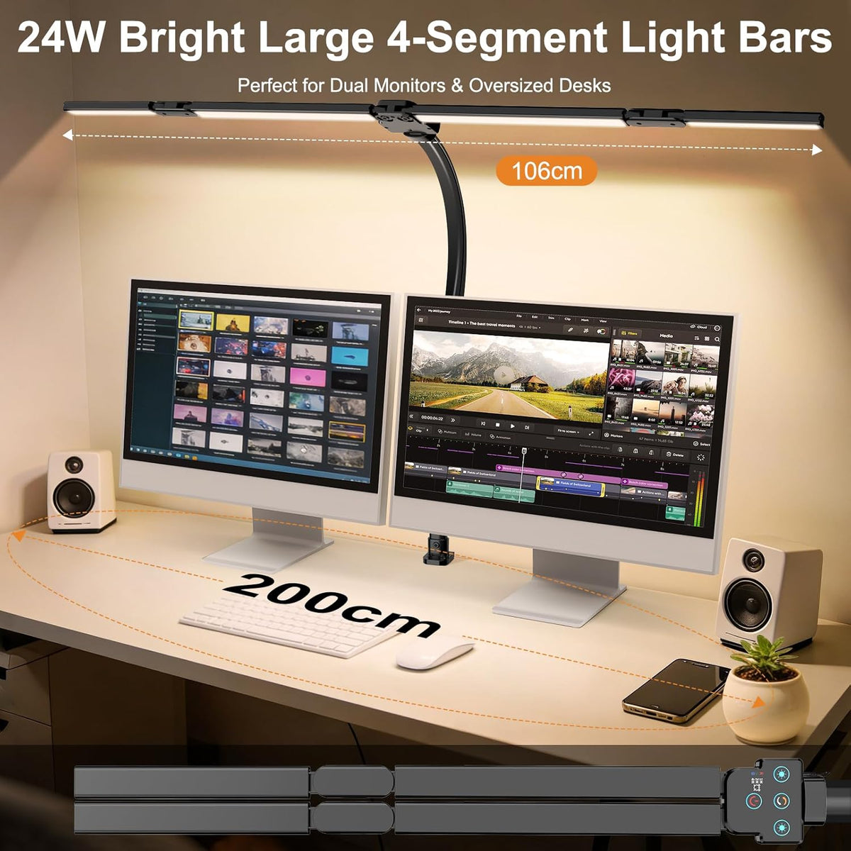 LED Desk Lamp for Home Office, 24W Desk Light with 4-Segment Bar and Remote