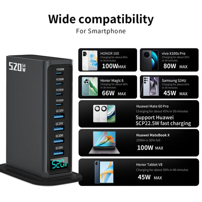 520W Desktop Gan Charger 4C4A 8 Ports 100W PD USB Type C Usb Power Hub Mobile Phone Laptop Fast Charging Station