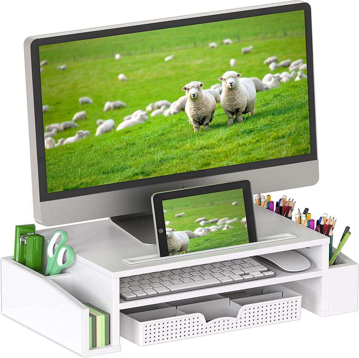 2 Tier Monitor Stand Riser with Drawer, White