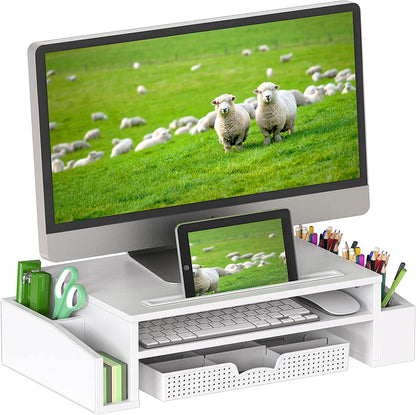 2 Tier Monitor Stand Riser with Drawer, White