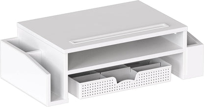 2 Tier Monitor Stand Riser with Drawer, White